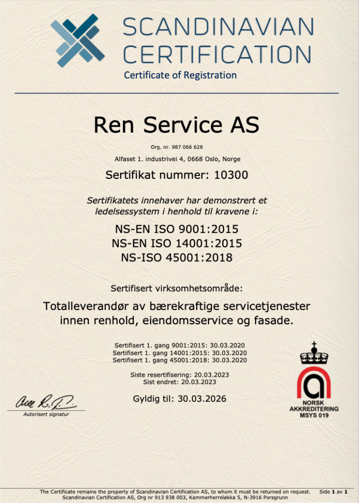 Ren Service ISO-sertifisering